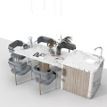 Modern Dining Table Set With Marble Countertop Wooden Cabinet Grey Chairs And Decorative Plants