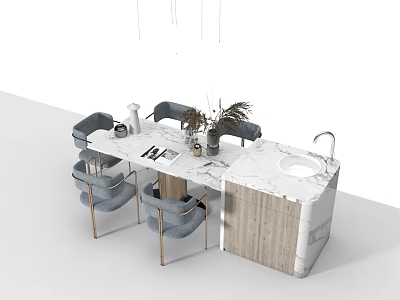 Modern Dining Table Set With Marble Countertop Wooden Cabinet Grey Chairs And Decorative Plants 3d model