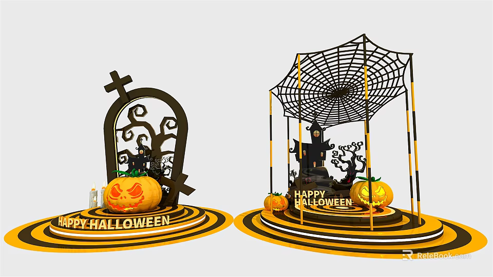 Halloween Decorative Setup With Pumpkin Lanterns Spider Web And Tombstone Cross 3d model 