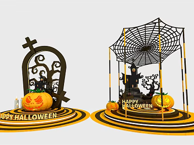Halloween Decorative Setup With Pumpkin Lanterns Spider Web And Tombstone Cross 3d model