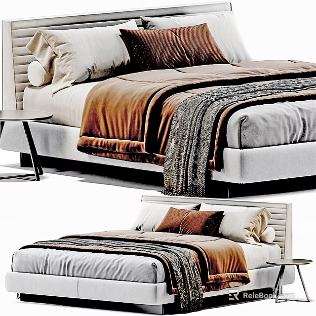 Modern Double Bed With Brown Gray Blankets White Pillows And Side Table 3d model