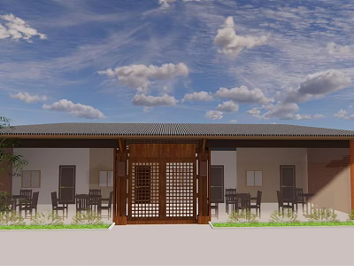 Traditional Architectural Exterior With Wooden Gate Grille And Outdoor Dining Tables 3d model