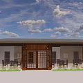 Traditional Architectural Exterior With Wooden Gate Grille And Outdoor Dining Tables
