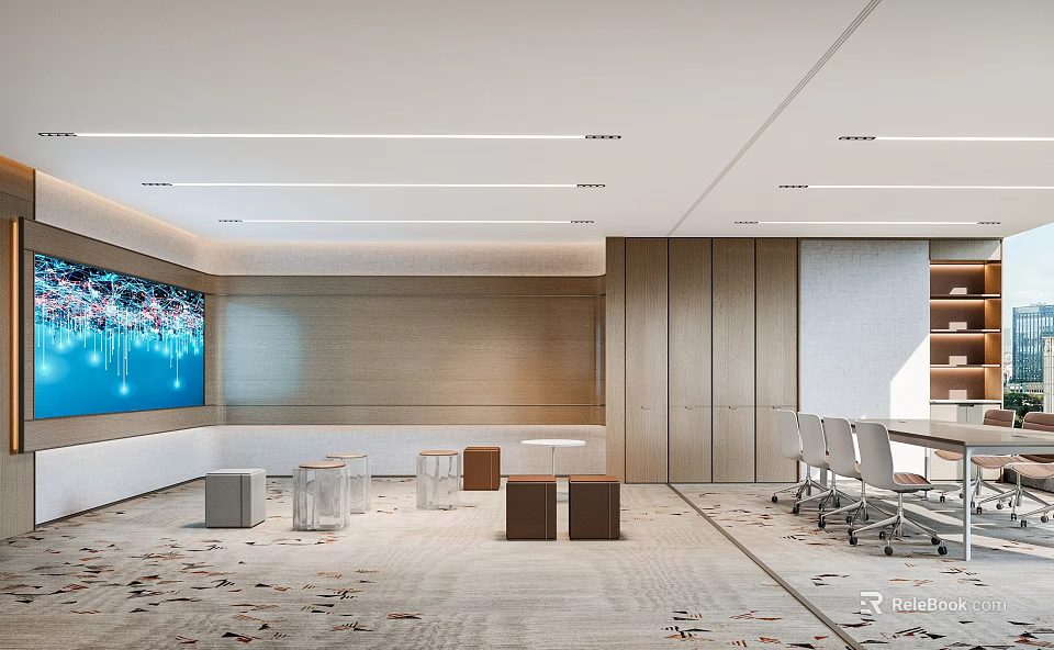 Modern Conference Room Interior With Large Screen Wooden Walls Meeting Tables And Chairs 3d model 
