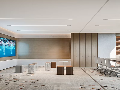 Modern Conference Room Interior With Large Screen Wooden Walls Meeting Tables And Chairs 3d model