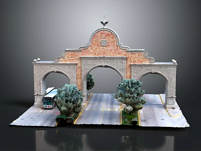 Scenic Archway Entrance With Red Brick Stone Structure Decorative Top Road Trees And Bus 3d model