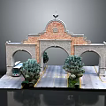 Scenic Archway Entrance With Red Brick Stone Structure Decorative Top Road Trees And Bus