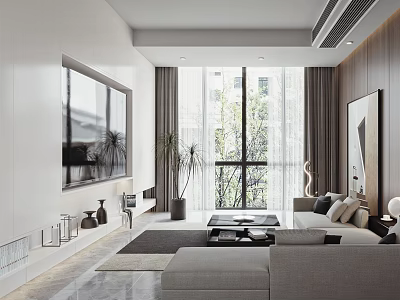 Modern Living Room Interior With Light Colored Sofa Large Windows TV And Decorative Plants 3d model