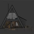 Modern Triangular Cabin with Black Roof Large Glass Windows Wooden Deck Table Chairs and Steps