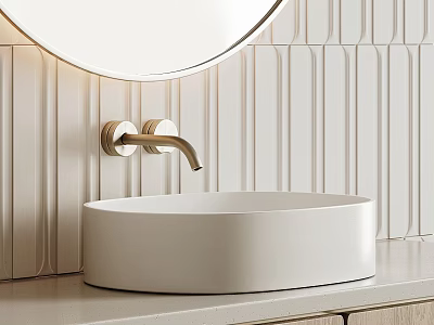 Modern Bathroom Washbasin With Round Mirror Gold Faucet And Vertical Striped Tile Wall 3d model
