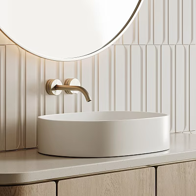 Modern Bathroom Washbasin With Round Mirror Gold Faucet And Vertical Striped Tile Wall 3d model