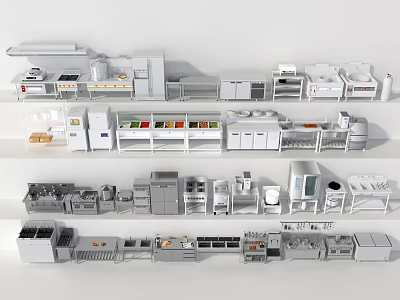 Various Kitchen Equipment Models Arranged On Shelves With Appliances And Cabinets 3d model