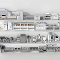 Various Kitchen Equipment Models Arranged On Shelves With Appliances And Cabinets