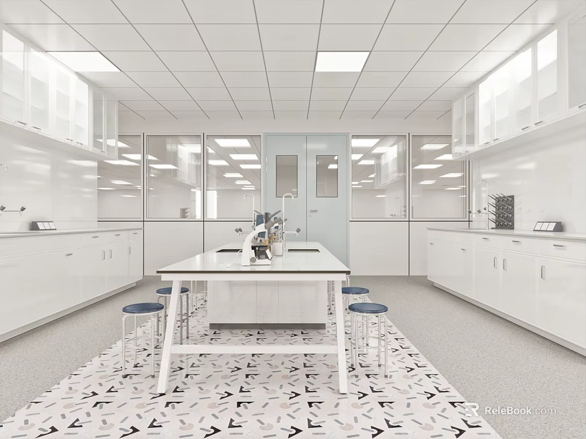 Bright Modern Laboratory Interior With White Cabinets Central Table And Stools 3d model 