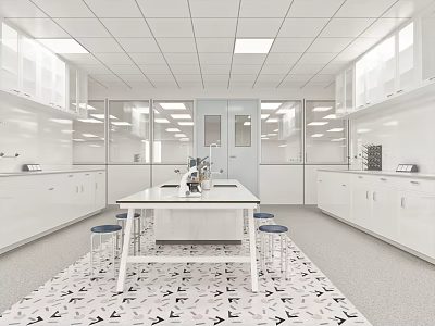 Bright Modern Laboratory Interior With White Cabinets Central Table And Stools 3d model