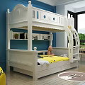 White Wooden Bunk Bed In Kids Room Featuring Yellow Bedding Blue Pillows And Storage Drawers