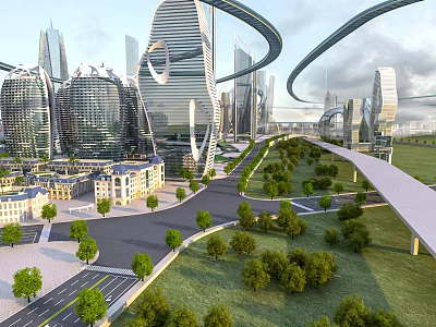 Modern Flat Door Design in Future City High Rise Buildings with Green Landscaping 3d model