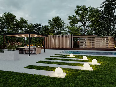 Modern Garden Landscape with Green Lawn Swimming Pool Pergola and Path Lighting 3d model