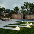 Modern Garden Landscape with Green Lawn Swimming Pool Pergola and Path Lighting