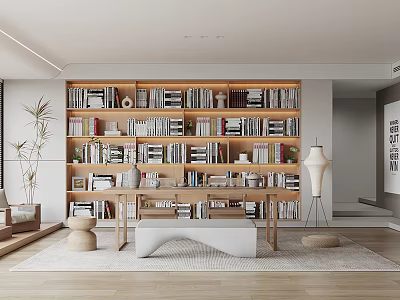 Modern Study Room Interior With Wooden Bookshelves Writing Desk And Green Plant Decor 3d model