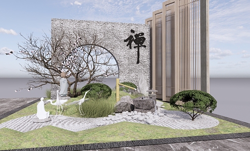 New Chinese style landscape sketch courtyard dry landscape homestay Zen courtyard villa landscape wall 3d model