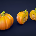 Fresh Orange Pumpkins Whole and Sliced Showing Inner Seeds on Dark Background