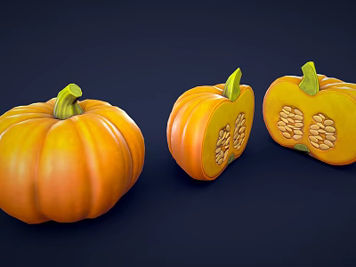Fresh Orange Pumpkins Whole and Sliced Showing Inner Seeds on Dark Background 3d model