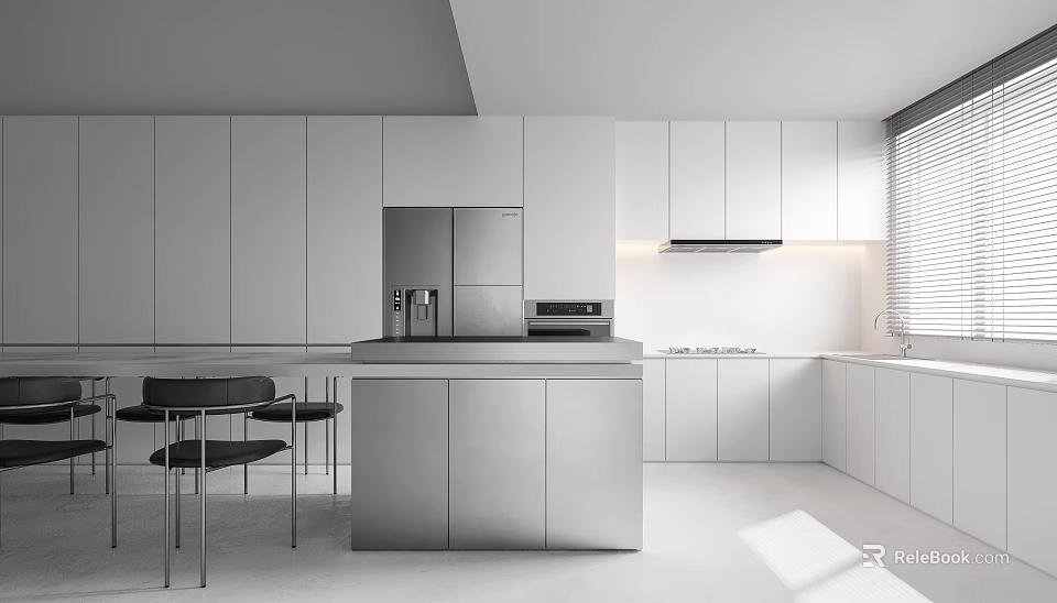 Sleek Minimalist All White Modern Kitchen With Central Island Storage Cabinets And Complete Functional Appliances 3d model 