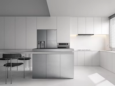 Sleek Minimalist All White Modern Kitchen With Central Island Storage Cabinets And Complete Functional Appliances 3d model