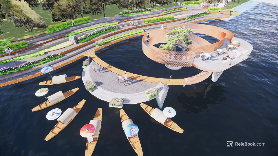 Scenic Waterfront Landscape With Curved Walkway Boats Trees And People 3d model 