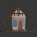 Small House Architecture With Blue Roof Chimney White Walls Blue Framed Windows And Orange Door