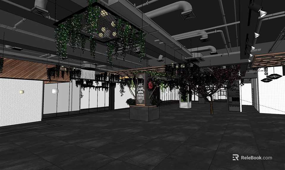 Modern Restaurant Interior With Hanging Green Vines Decorative Trees And Pendant Lights 3d model 