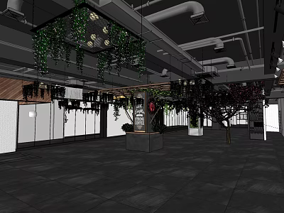 Modern Restaurant Interior With Hanging Green Vines Decorative Trees And Pendant Lights 3d model