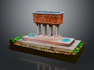 Carved Stone Structure With Columns Base Circular Green Areas And Fallen Leaves 3d model