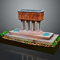 Carved Stone Structure With Columns Base Circular Green Areas And Fallen Leaves