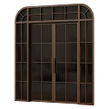 Modern Double Swing Door With Glass Panels And Metal Grid Frame