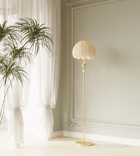 Floor Lamp with Palm Tree and White Curtains Near Light Colored Wall with Decorative Molding 3d model 