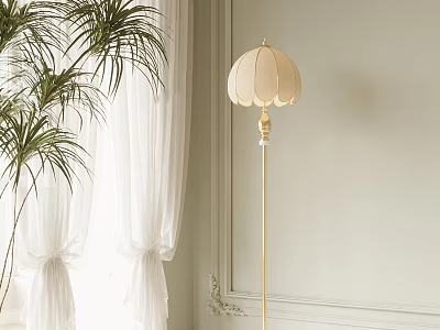 Floor Lamp with Palm Tree and White Curtains Near Light Colored Wall with Decorative Molding 3d model