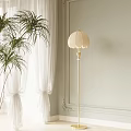 Floor Lamp with Palm Tree and White Curtains Near Light Colored Wall with Decorative Molding