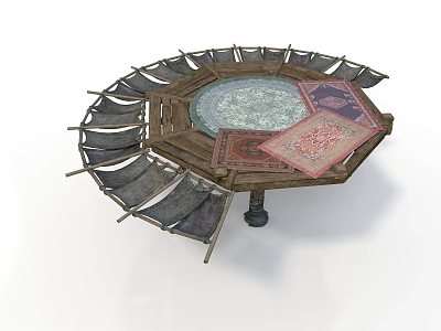 Round Wooden Table With Fan Shaped Seats And Patterned Carpets On Top 3d model