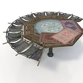 Round Wooden Table With Fan Shaped Seats And Patterned Carpets On Top