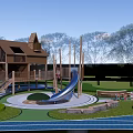 Wooden House in Lush Green Area with Slide Swing and Playground Equipment