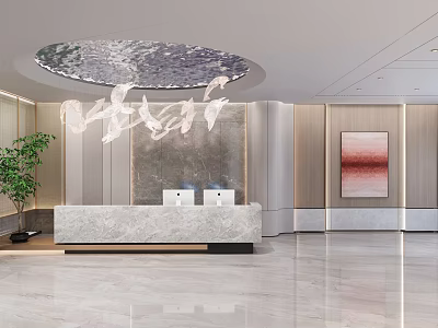 Modern Reception Desk Interior With Marble Countertop Chandelier Green Plant And Decorative Painting 3d model