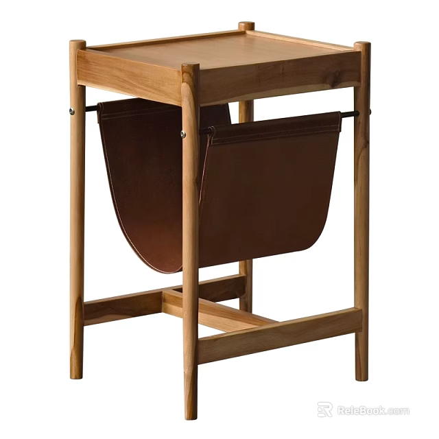 Simple Wooden Side Table With Leather Storage Pouch And Stable Frame 3d model 