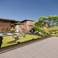 Japanese Style Garden Landscape With Green Trees Lawn Gravel Paths And Traditional Building