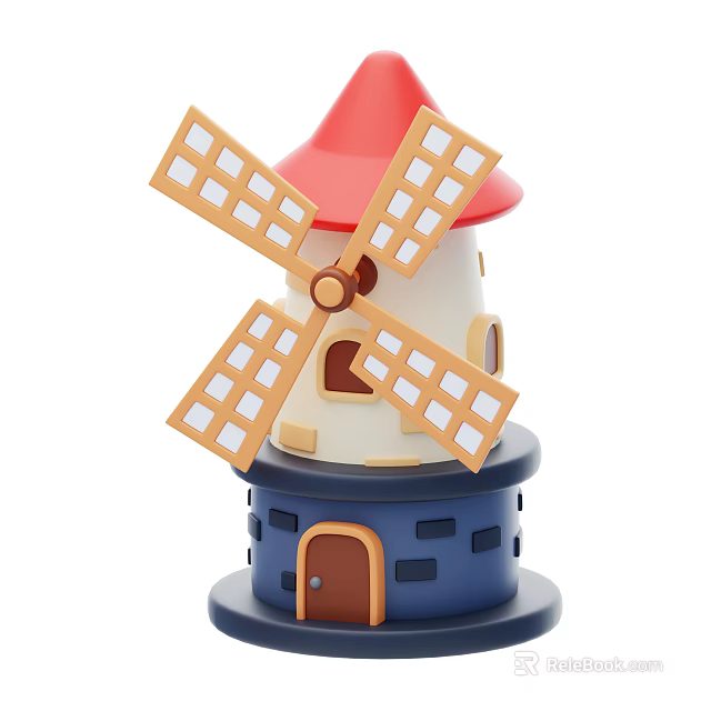 European Architecture Windmill Featuring Red Roof White Body Blue Base and Brown Door 3d model 