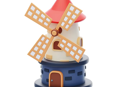 European Architecture Windmill Featuring Red Roof White Body Blue Base and Brown Door 3d model
