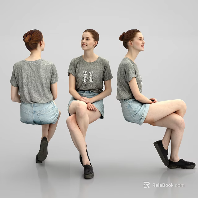Stylish Woman In Gray T-Shirt And Denim Shorts With Bun Hairstyle Sitting In Different Angles 3d model 
