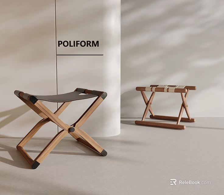POLIFORM Wooden Stools With Cross Leg Design And Leather Woven Seats 3d model 