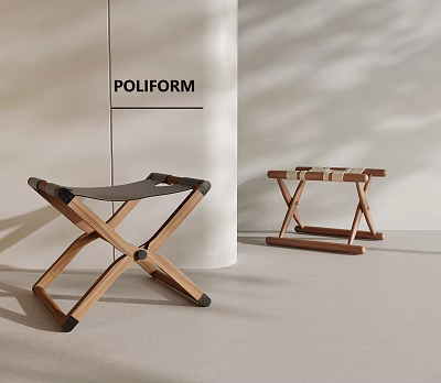 POLIFORM Wooden Stools With Cross Leg Design And Leather Woven Seats 3d model